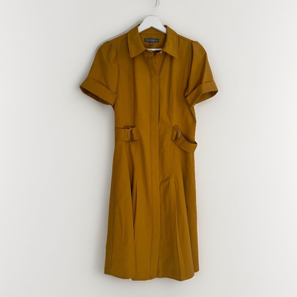 Sharagano Button Front Mustard Shirt Dress A Line Pockets Sz 4 Office Business